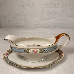 CT Altwasser Silesia Germany 2241 Gravy Boat Underplate Blue Gold Band Pink Rose